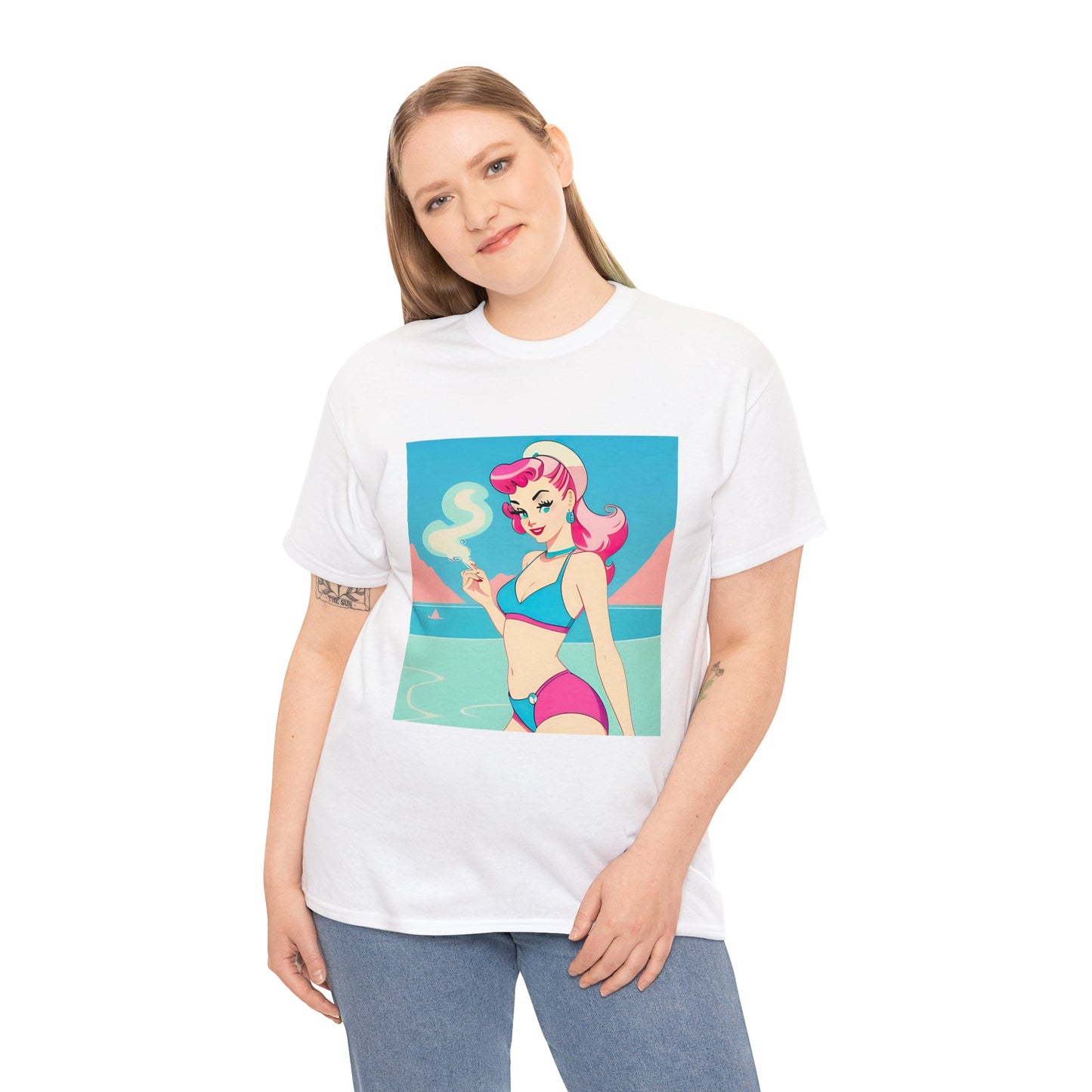 Unisex Heavy Cotton Tee: Smoking Pin-Up [TEDDY]