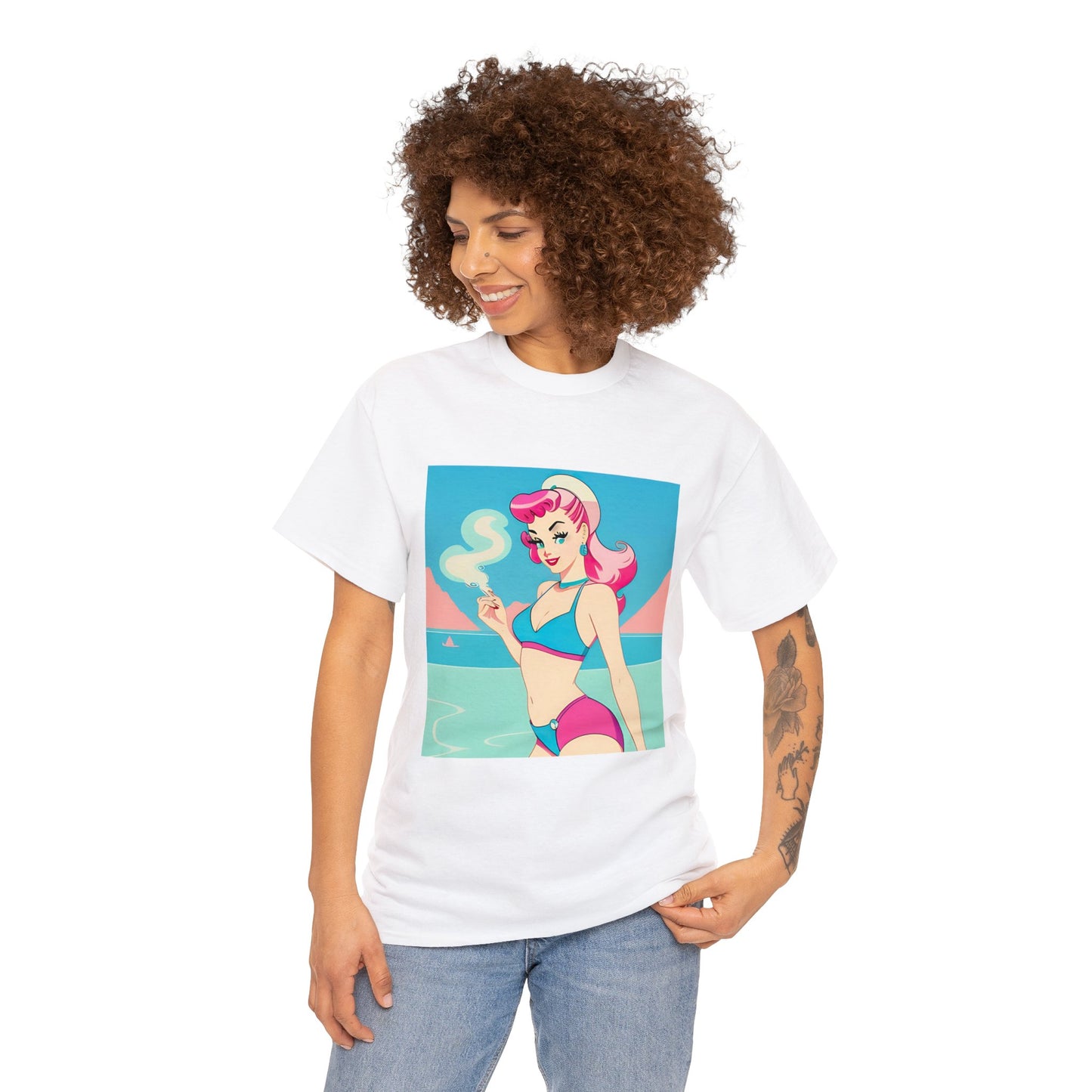 Unisex Heavy Cotton Tee: Smoking Pin-Up [TEDDY]