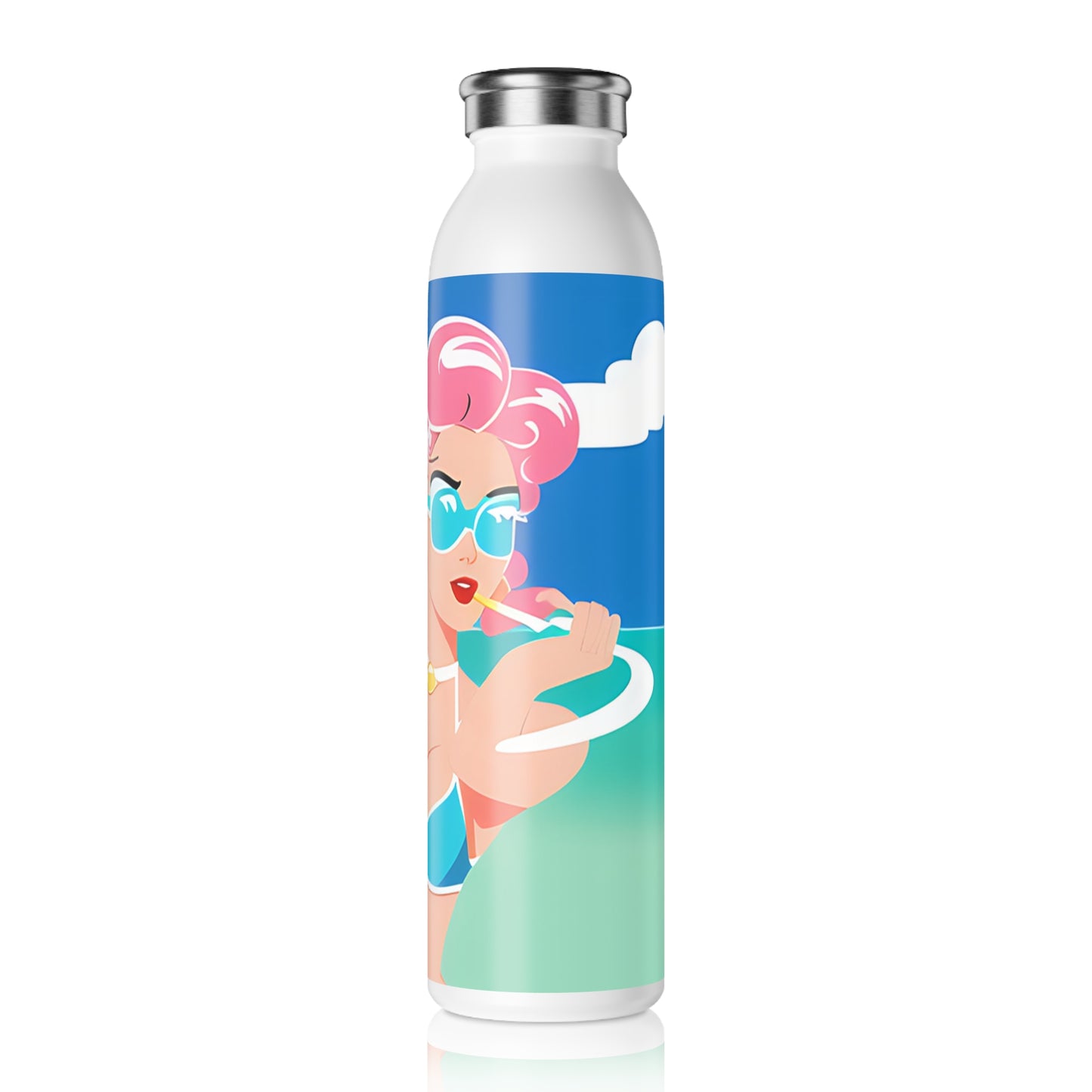 Slim Water Bottle with Retro Print: Art Deco Pin-Up Illustration [TEDDY]