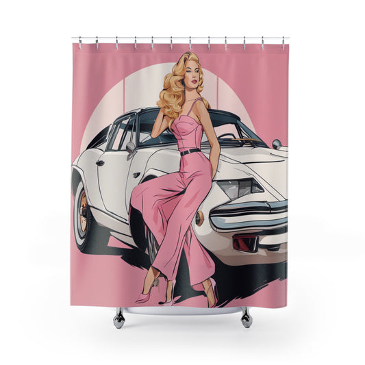 Shower Curtain with Retro Print: Pink Arch Pin-Up [TEDDY]