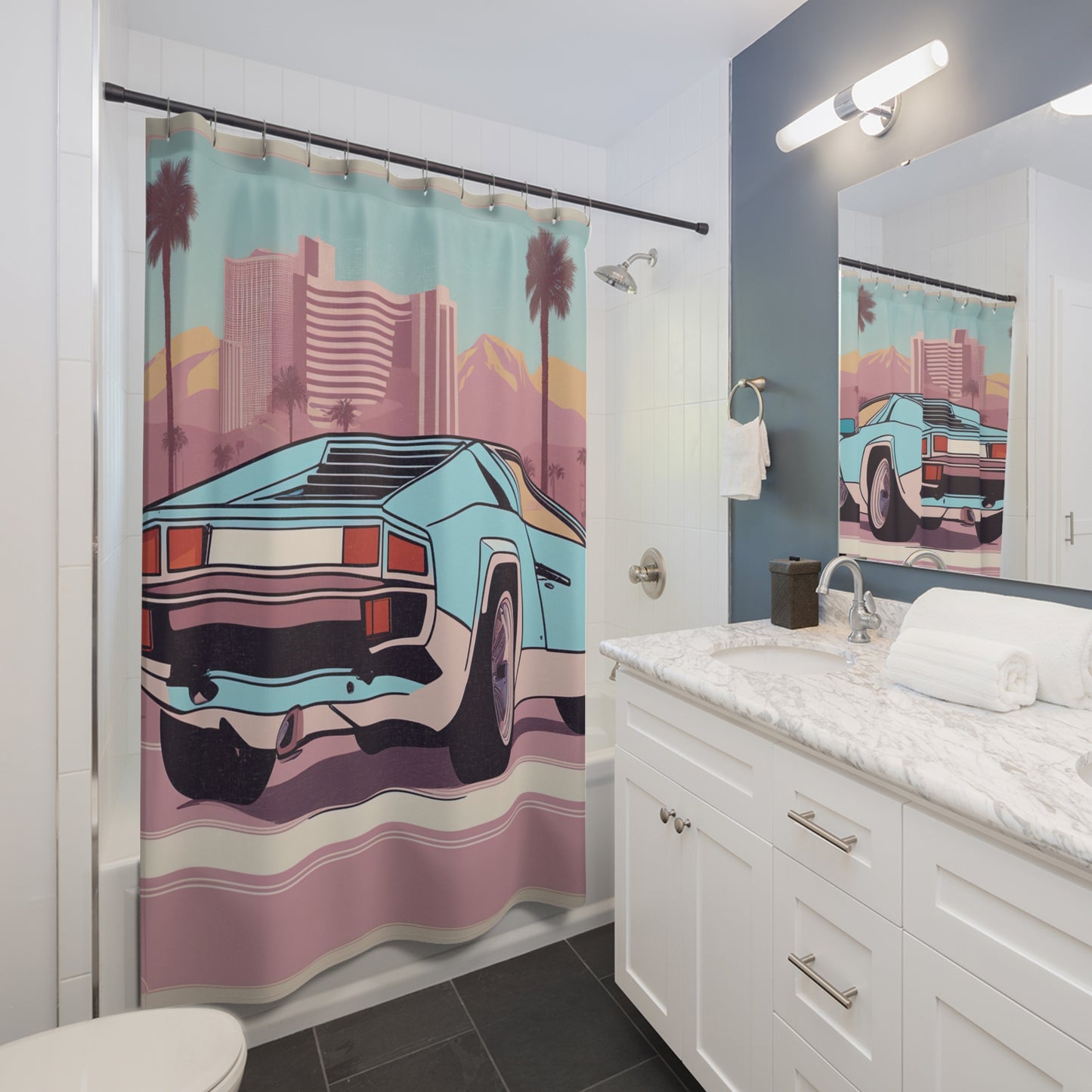 Shower Curtain with Retro Print: Blue Bumper [TEDDY]