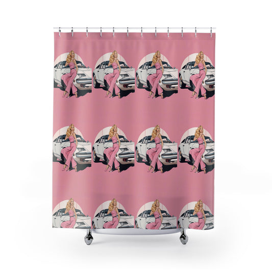 Shower Curtain with Retro Print: Pink Arch Pin-Up [TEDDY]