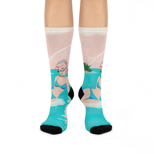 Crew Socks with Retro Print: 
Shoreline Pin-Up [TEDDY]