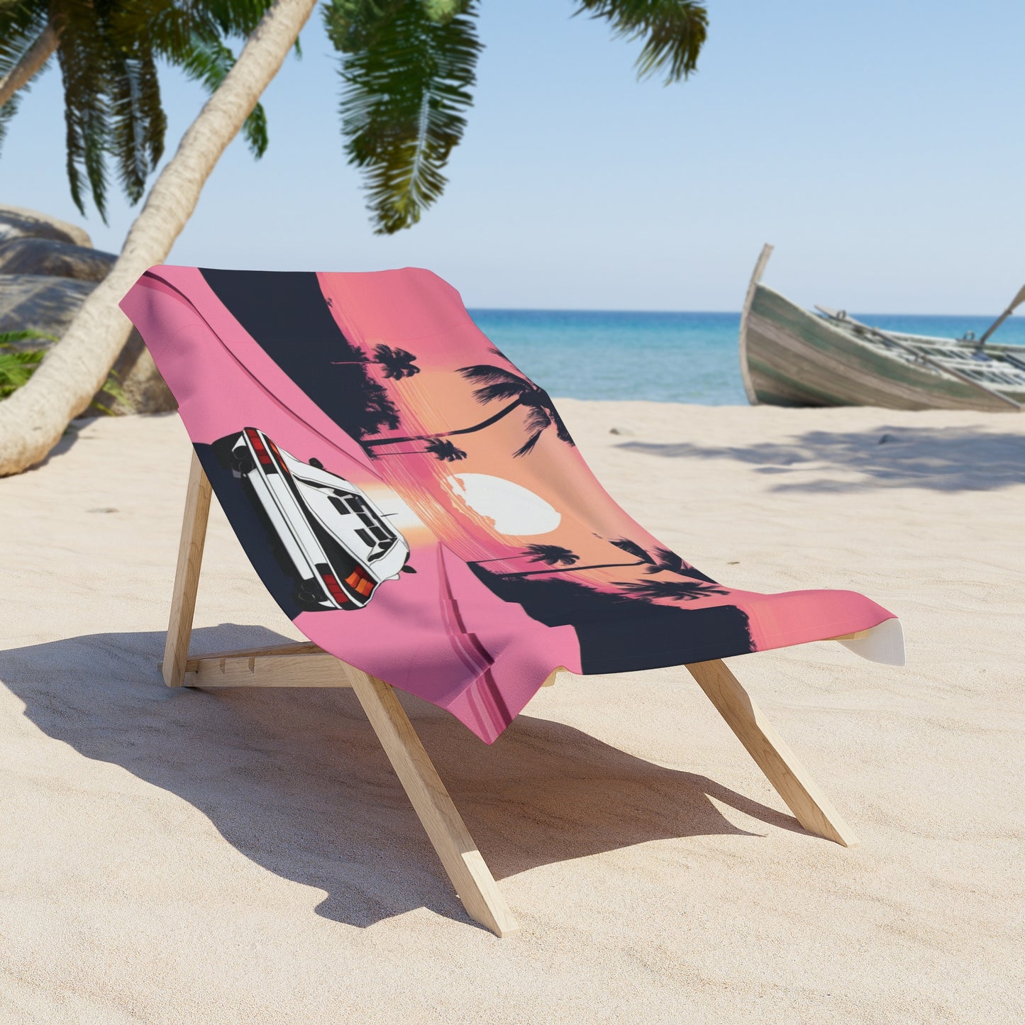 Beach Towel with Retro Print: White Lambo Sunset [TEDDY]