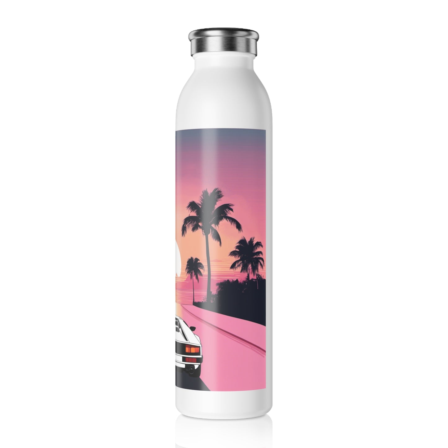 Slim Water Bottle with Retro Print: White Lambo Sunset Illustration [TEDDY]