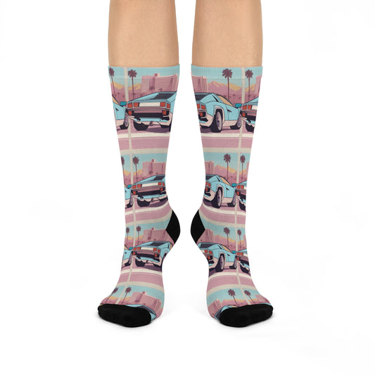 Crew Socks with Retro Print: Blue Bumper Repeat Print [TEDDY]