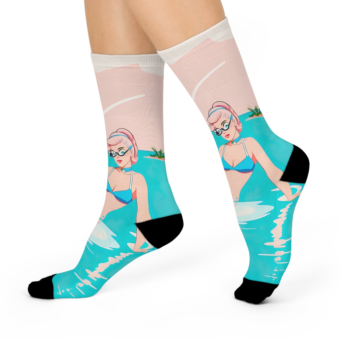 Crew Socks with Retro Print: 
Shoreline Pin-Up [TEDDY]