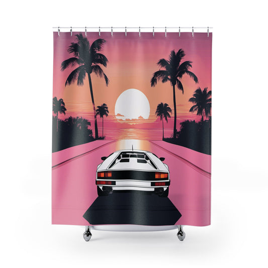 Shower Curtain with Retro Print: White Lambo Sunset [TEDDY]