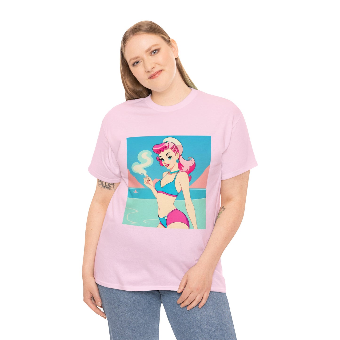 Unisex Heavy Cotton Tee: Smoking Pin-Up [TEDDY]