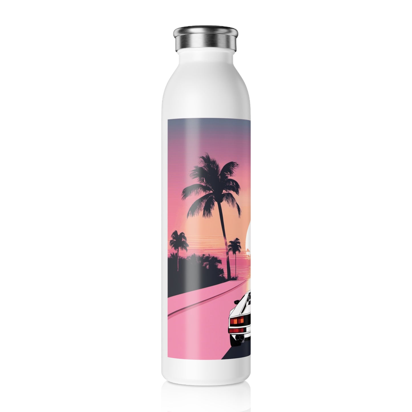 Slim Water Bottle with Retro Print: White Lambo Sunset Illustration [TEDDY]