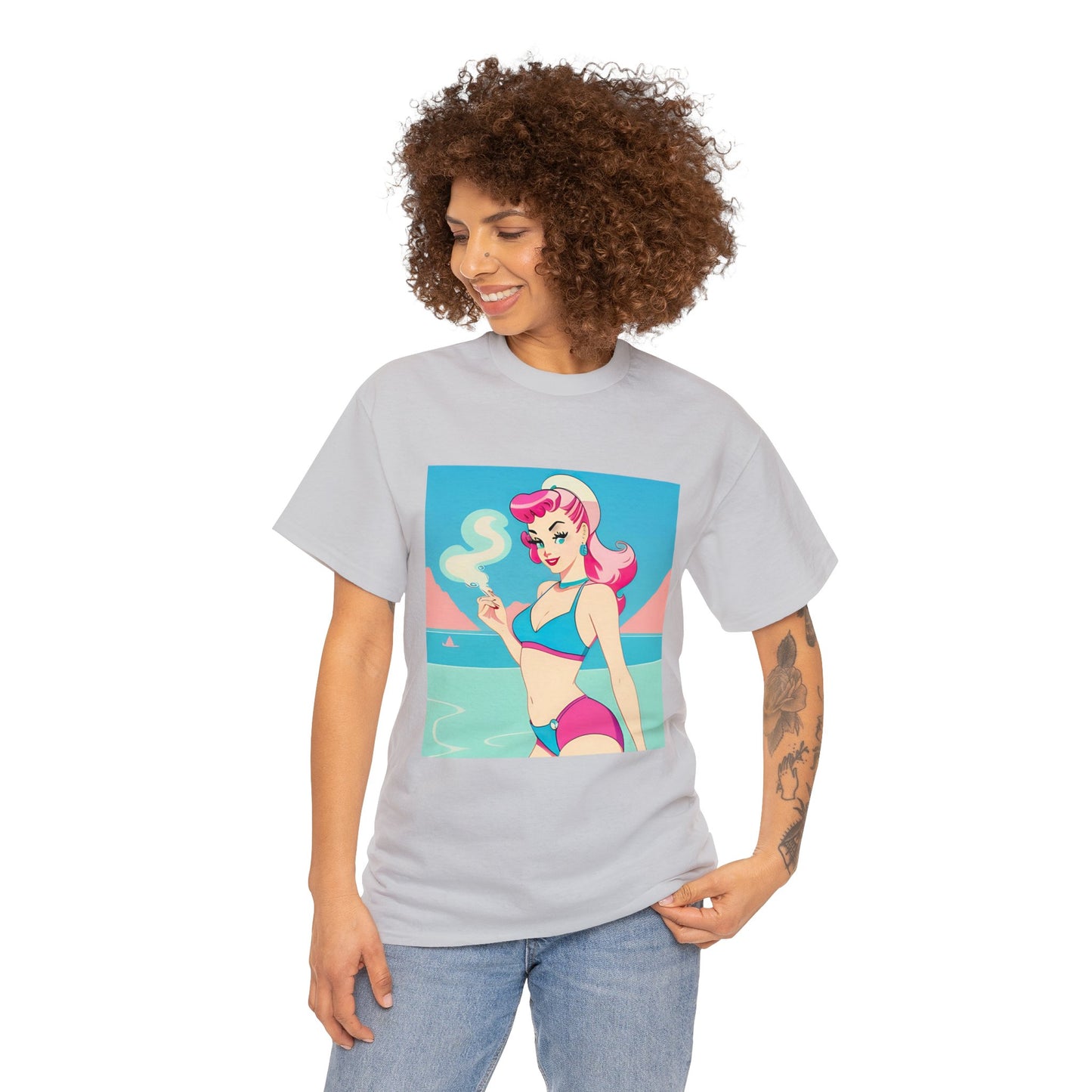 Unisex Heavy Cotton Tee: Smoking Pin-Up [TEDDY]