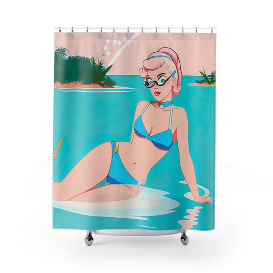 Shower Curtain with Retro Print: Shoreside Pin-Up [TEDDY]