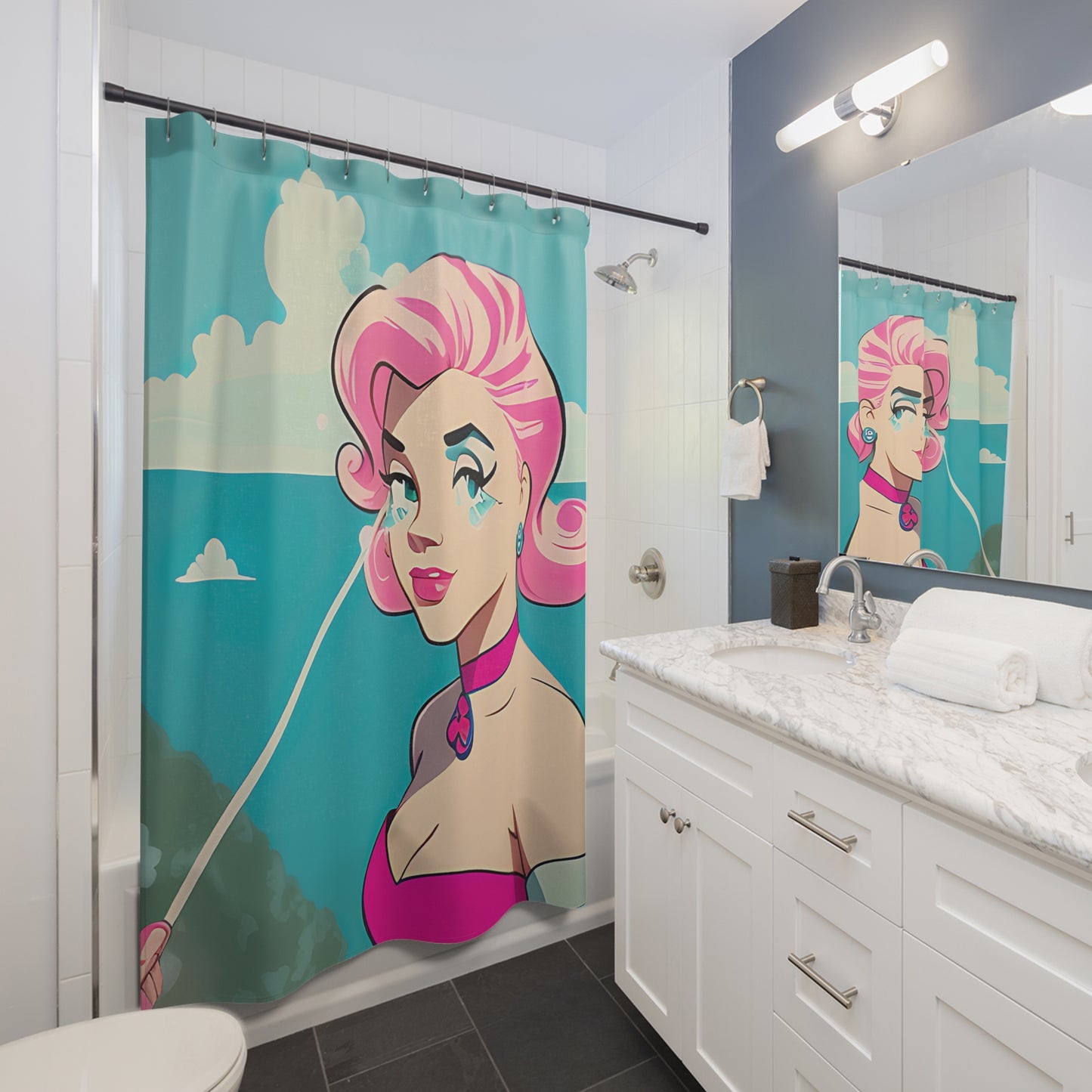 Shower Curtain with Retro Print: Water Pin-Up [TEDDY]