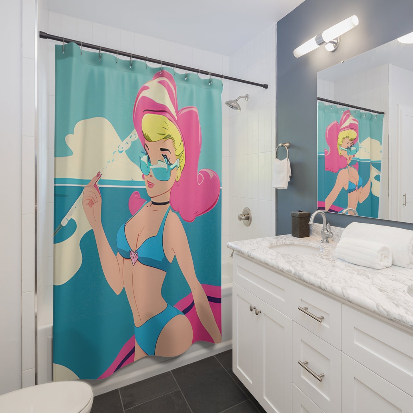 Shower Curtain with Retro Print: Cartoon Pin-Up [TEDDY]