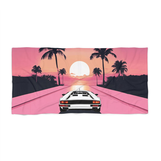 Beach Towel with Retro Print: White Lambo Sunset [TEDDY]