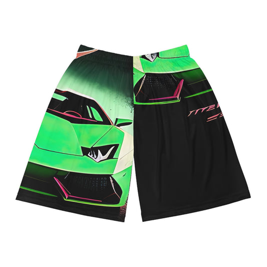 Basketball Shorts with Retro Print: Green Lambo [TEDDY]