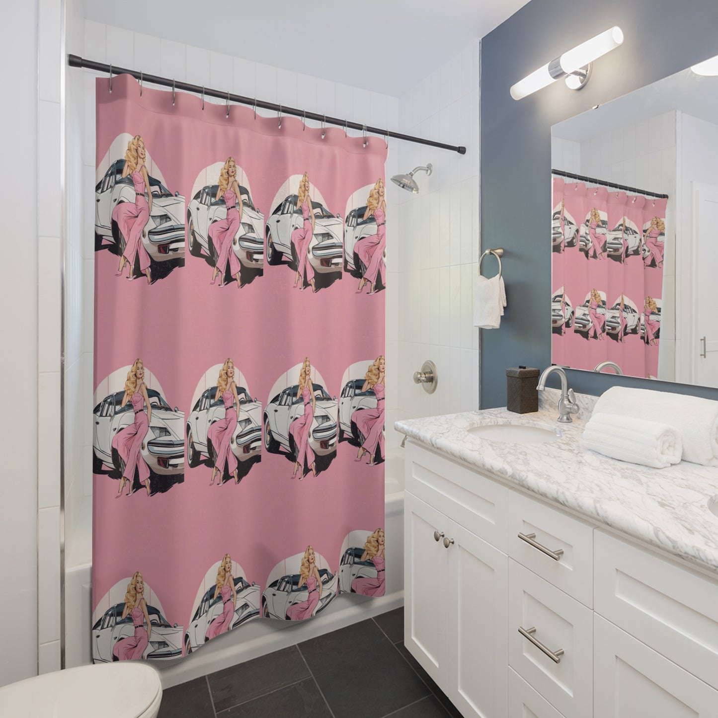 Shower Curtain with Retro Print: Pink Arch Pin-Up [TEDDY]