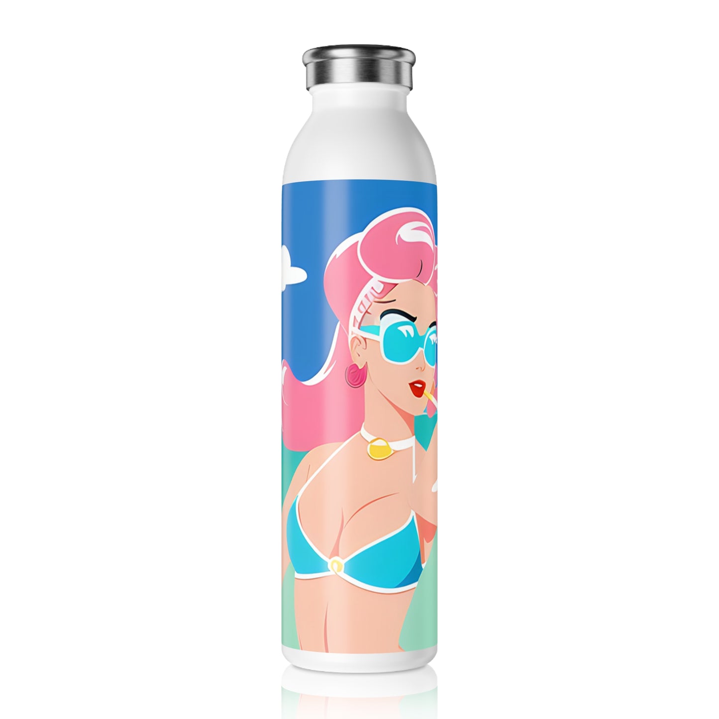 Slim Water Bottle with Retro Print: Art Deco Pin-Up Illustration [TEDDY]