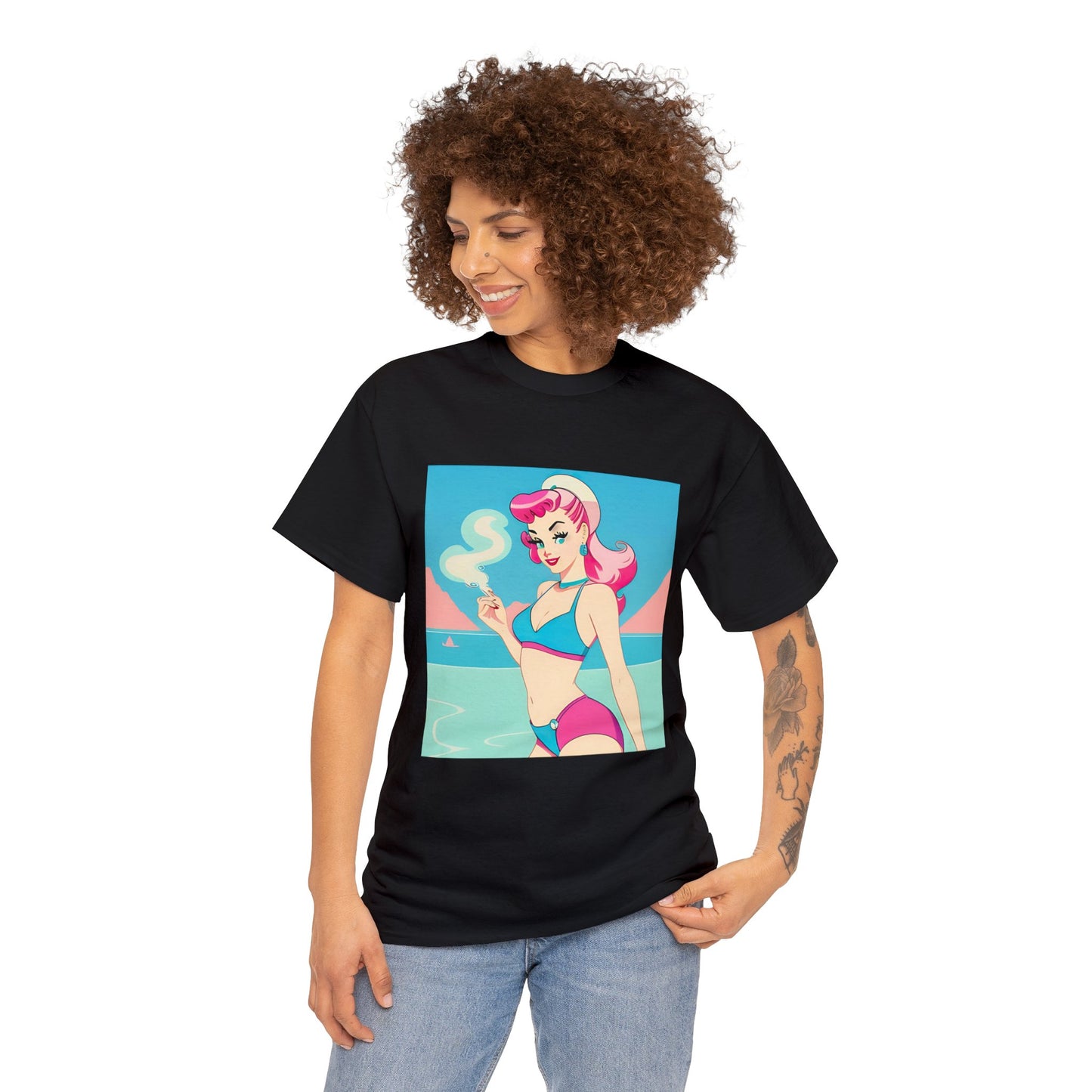 Unisex Heavy Cotton Tee: Smoking Pin-Up [TEDDY]